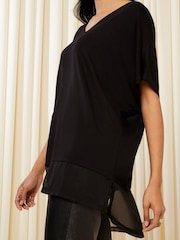 Friends Like These Black Short Sleeve Chiffon Hem V Neck Tunic Top - Image 2 of 4