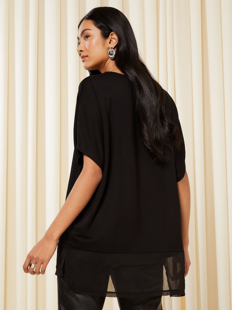 Friends Like These Black Short Sleeve Chiffon Hem V Neck Tunic Top - Image 4 of 4