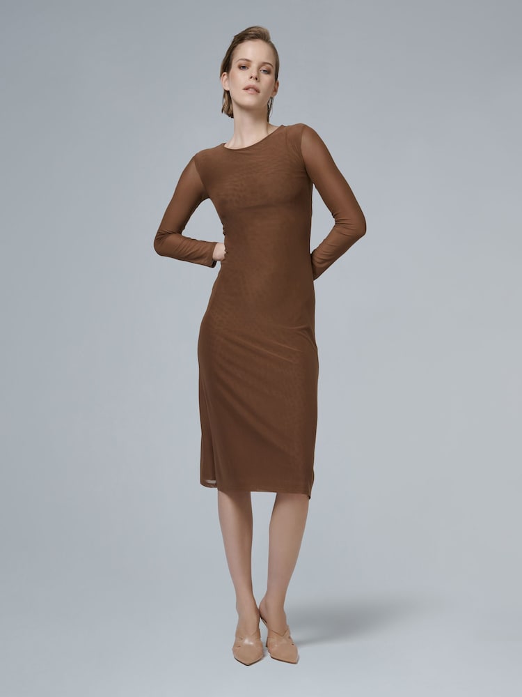 leem Brown Long-Sleeve Mesh Dress - Image 1 of 5