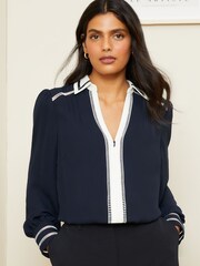 Love & Roses Navy Blue Blue Long Sleeve V Neck Contrast Zip Trim Blouse - Image 1 of 1