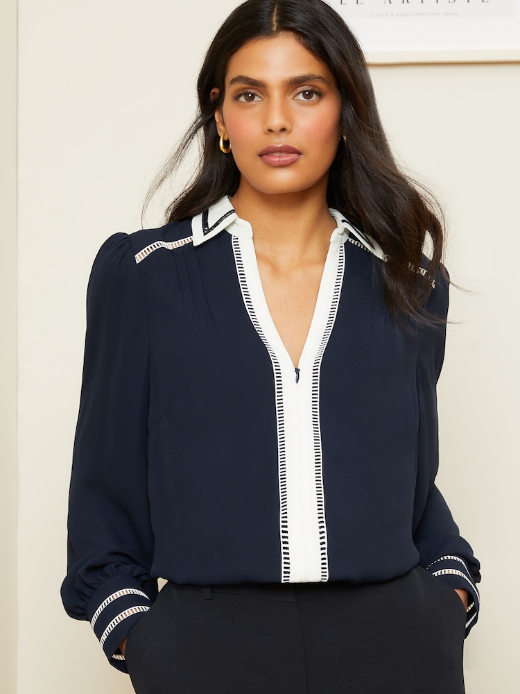 Love & Roses Navy Blue Blue Long Sleeve V Neck Contrast Zip Trim Blouse - Image 1 of 1