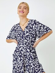 Dusk Navy Blue & White Leaf Print Wrap Playsuit - Image 2 of 5
