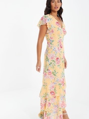 Quiz Yellow Multi Chiffon Floral Frill Maxi Dress - Image 3 of 5