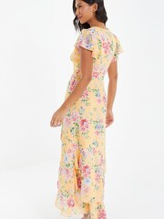 Quiz Yellow Multi Chiffon Floral Frill Maxi Dress - Image 4 of 5