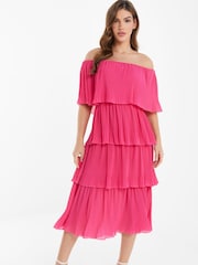Quiz Hot Pink Bardot Pleated Tiered Midaxi Dress - Image 1 of 4