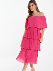Quiz Hot Pink Bardot Pleated Tiered Midaxi Dress - Image 2 of 4