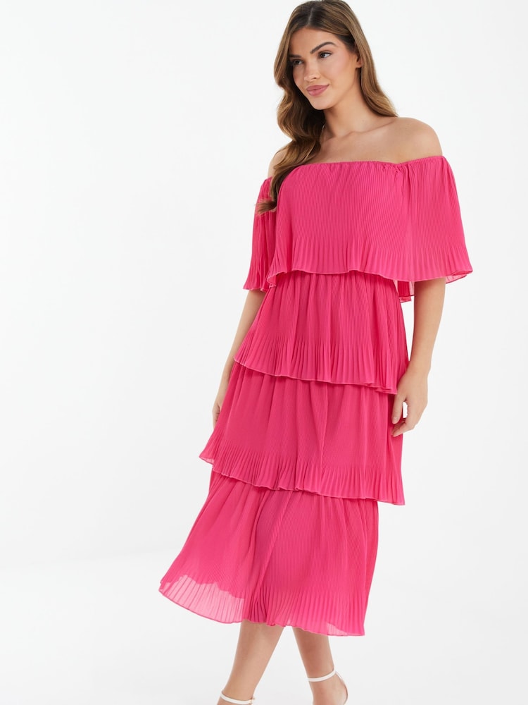 Quiz Hot Pink Bardot Pleated Tiered Midaxi Dress - Image 2 of 4