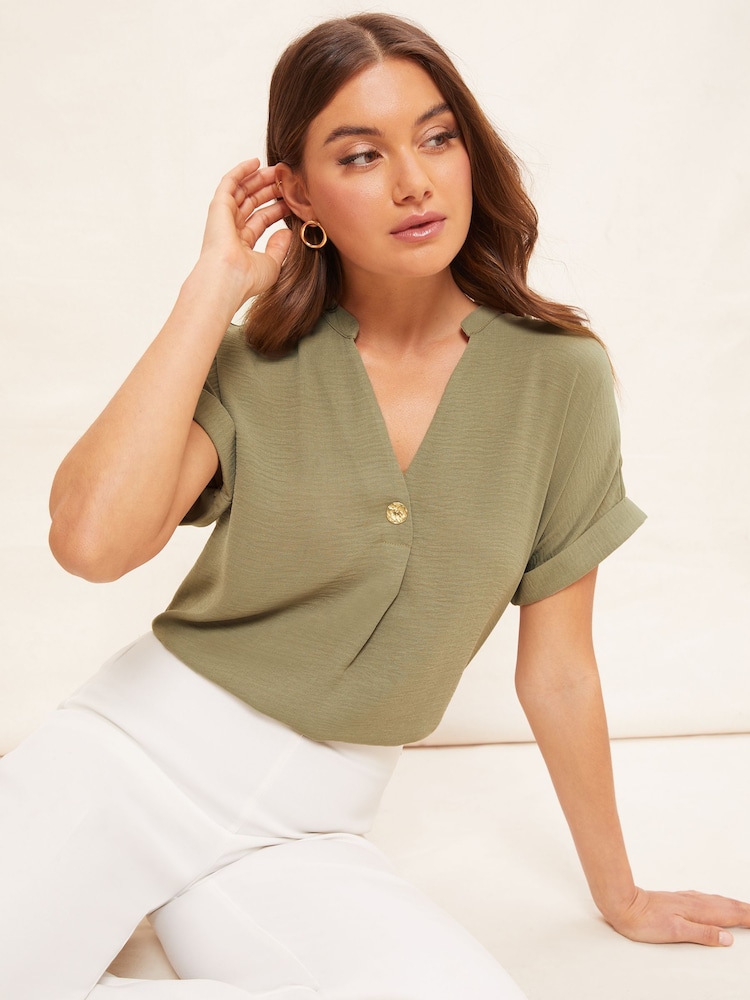 Friends Like These Khaki Green V Neck Roll Sleeve Button Blouse - Image 1 of 4 Friends Like These Khaki Green V Neck Roll Sleeve Button Blouse - Image 1 of 4