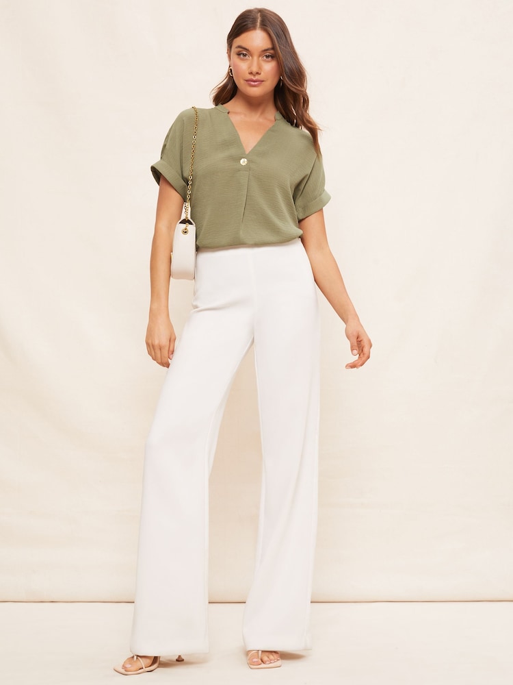 Friends Like These Khaki Green V Neck Roll Sleeve Button Blouse - Image 2 of 4