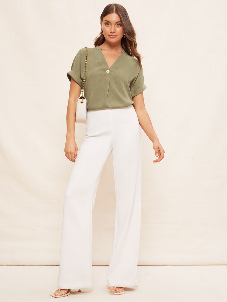 Friends Like These Khaki Green V Neck Roll Sleeve Button Blouse - Image 2 of 4 Friends Like These Khaki Green V Neck Roll Sleeve Button Blouse - Image 2 of 4