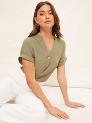 Friends Like These Khaki Green V Neck Roll Sleeve Button Blouse - Image 3 of 4