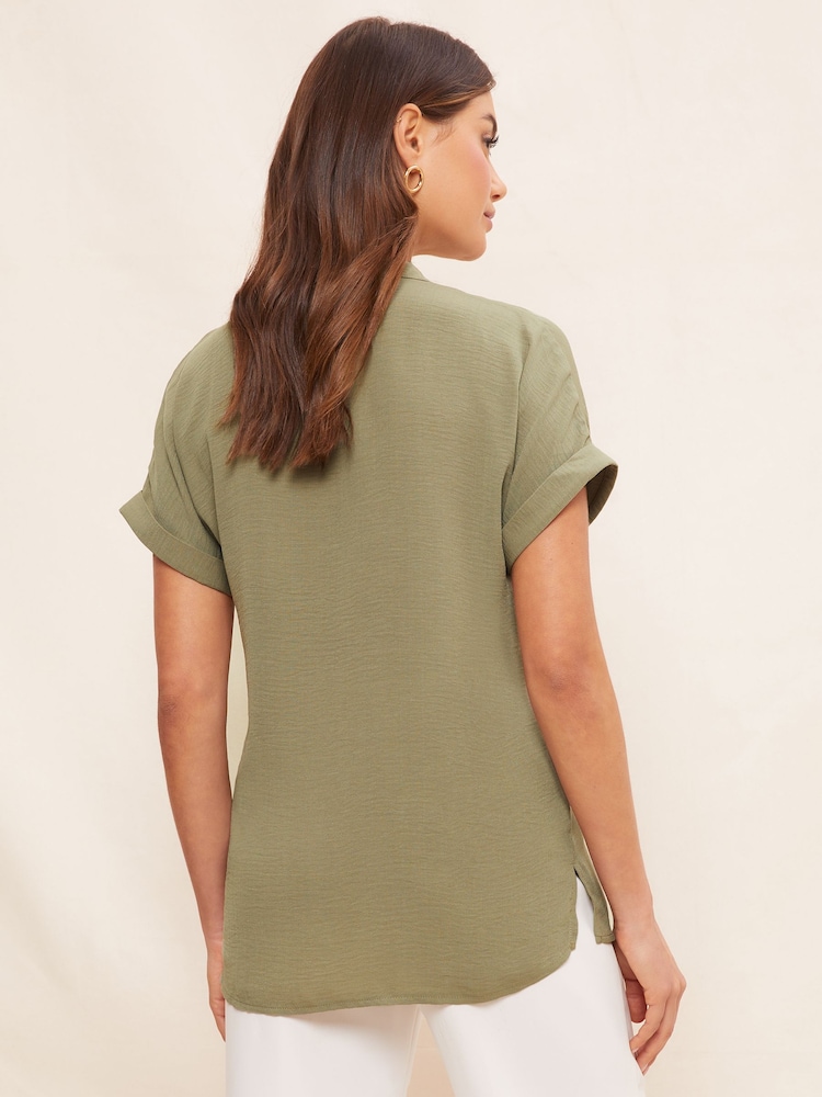 Friends Like These Khaki Green V Neck Roll Sleeve Button Blouse - Image 4 of 4 Friends Like These Khaki Green V Neck Roll Sleeve Button Blouse - Image 4 of 4