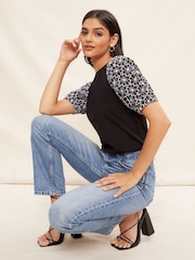 Friends Like These Black/White Broderie Puff Sleeve Round Neck Top - Image 1 of 4