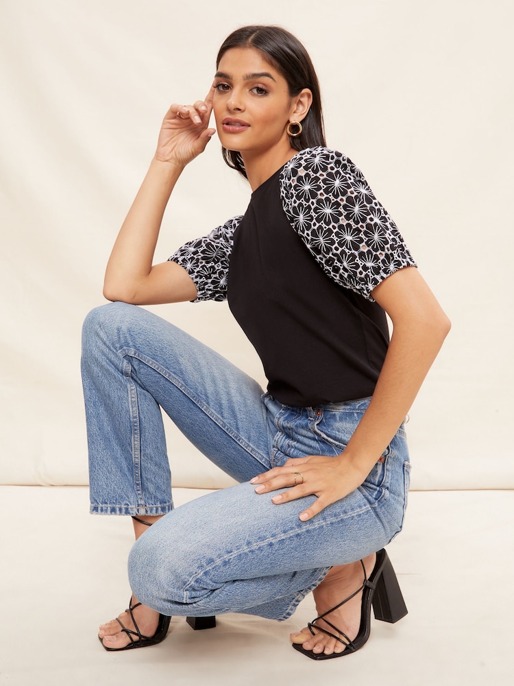 Friends Like These Black/White Broderie Puff Sleeve Round Neck Top - Image 1 of 4