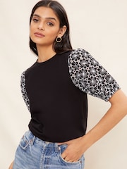 Friends Like These Black/White Broderie Puff Sleeve Round Neck Top - Image 2 of 4