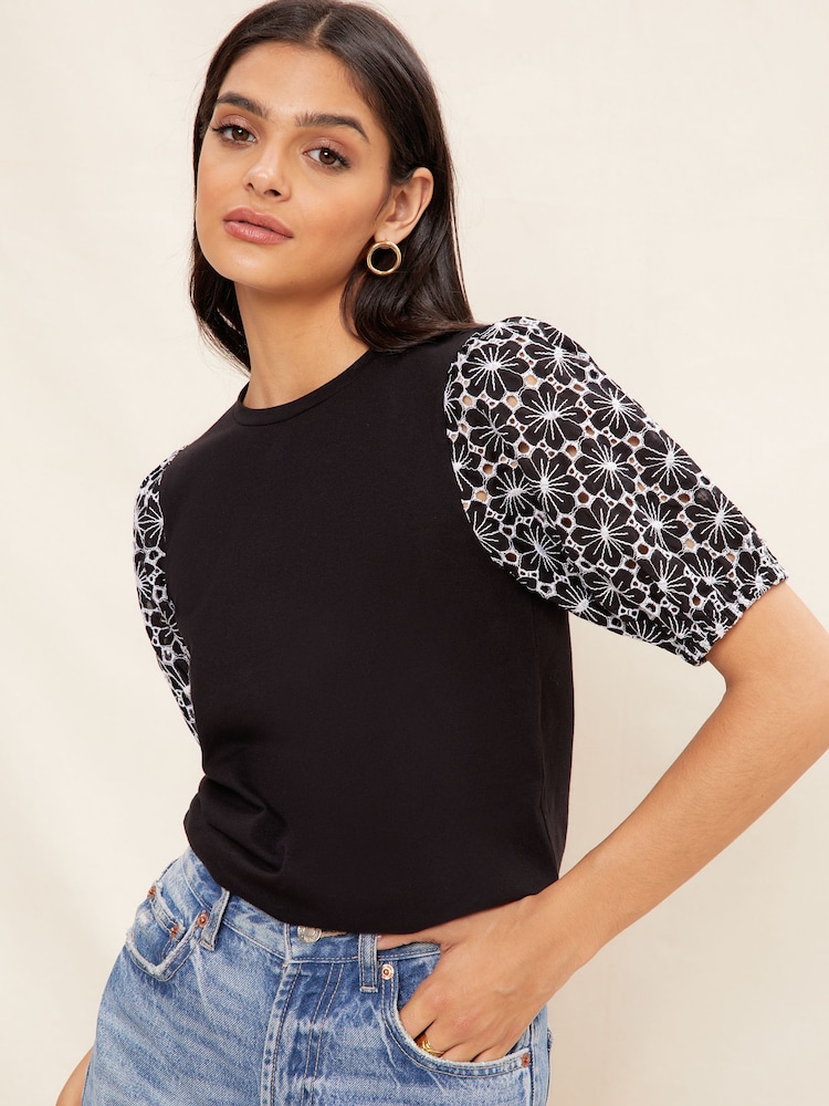 Friends Like These Black/White Broderie Puff Sleeve Round Neck Top - Image 2 of 4