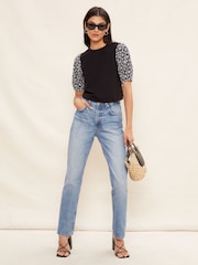 Friends Like These Black/White Broderie Puff Sleeve Round Neck Top - Image 3 of 4