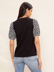 Friends Like These Black/White Broderie Puff Sleeve Round Neck Top - Image 4 of 4