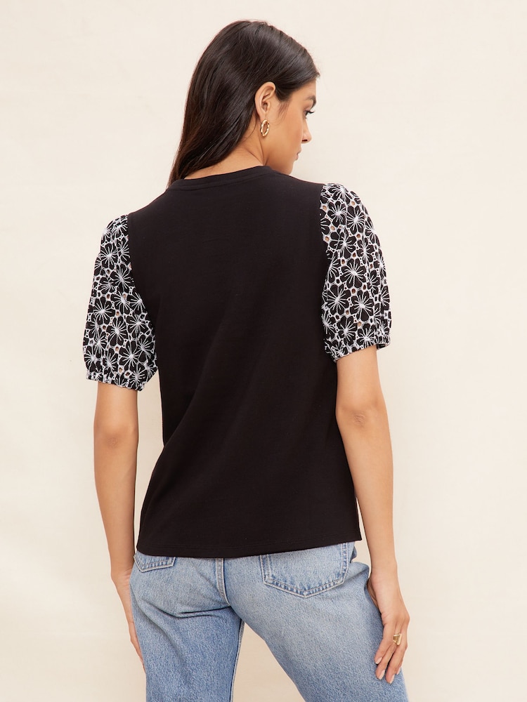 Friends Like These Black/White Broderie Puff Sleeve Round Neck Top - Image 4 of 4