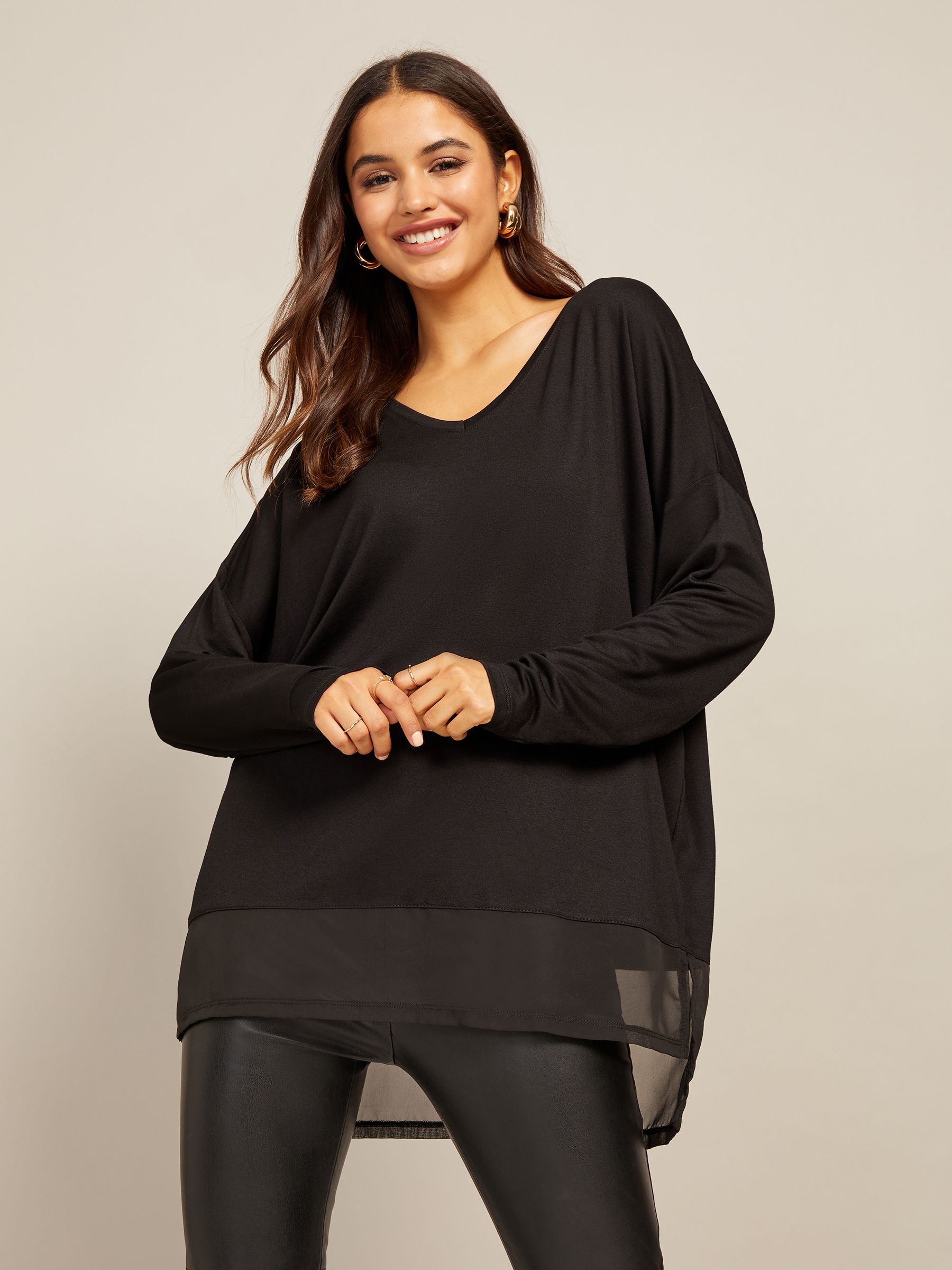 Buy Friends Like These Black Petite Chiffon Hem Soft Jersey V Neck Tunic Top  from Next Luxembourg