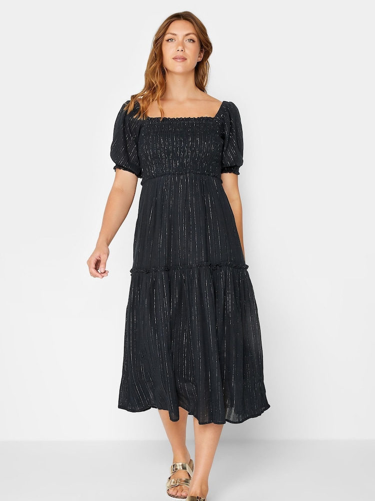 Long Tall Sally Black Sparkly Bardot Shirred Midaxi Dress - Image 1 of 1