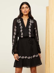Love & Roses Black Embroidery Petite Chiffon V Neck Elasticated Sleeve Belted Mini Dress - Image 1 of 4