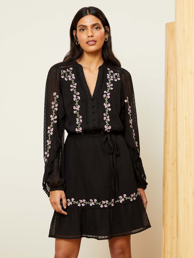 Love & Roses Black Embroidery Petite Chiffon V Neck Elasticated Sleeve Belted Mini Dress - Image 1 of 4