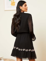 Love & Roses Black Embroidery Petite Chiffon V Neck Elasticated Sleeve Belted Mini Dress - Image 3 of 4