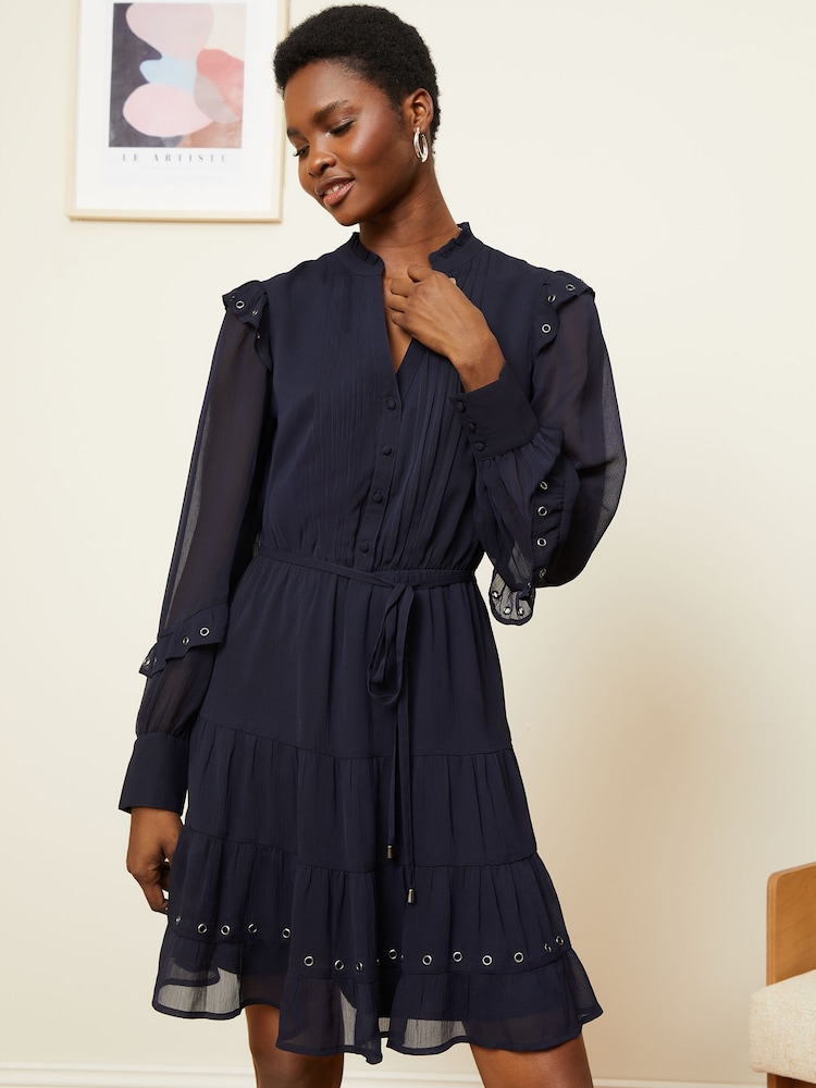 Love & Roses Navy Blue Eyelet Long Sleeve Belted Chiffon Mini Dress - Image 1 of 5