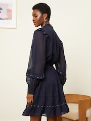 Love & Roses Navy Blue Eyelet Long Sleeve Belted Chiffon Mini Dress - Image 2 of 5