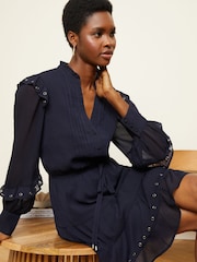 Love & Roses Navy Blue Eyelet Long Sleeve Belted Chiffon Mini Dress - Image 3 of 5