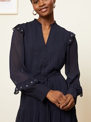 Love & Roses Navy Blue Eyelet Long Sleeve Belted Chiffon Mini Dress - Image 4 of 5