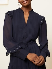 Love & Roses Navy Blue Eyelet Long Sleeve Belted Chiffon Mini Dress - Image 5 of 5