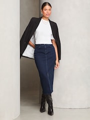 Lipsy Dark Blue Wash Denim High Rise Split Front Midi Skirt - Image 2 of 4