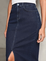 Lipsy Dark Blue Wash Denim High Rise Split Front Midi Skirt - Image 3 of 4