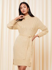Friends Like These Camel Roll Neck Belted Knitted Jumper Dress - Image 2 of 4