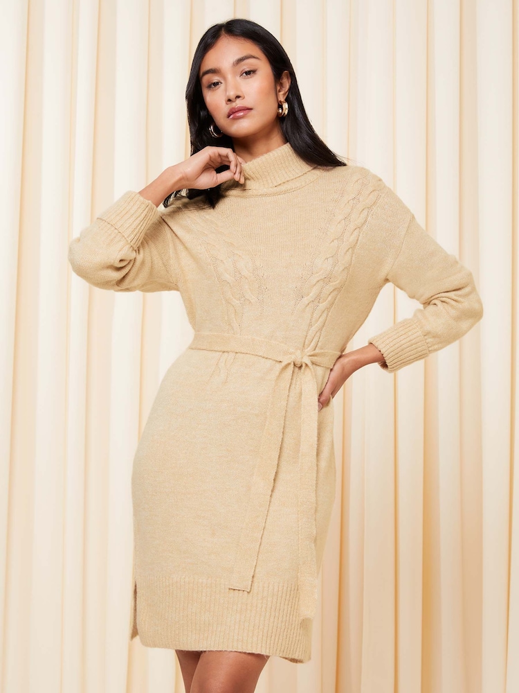 Friends Like These Camel Roll Neck Belted Knitted Jumper Dress - Image 2 of 4