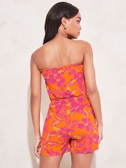 Lipsy Orange/Pink Tropical Floral Print Jersey Bandeau Waist Tie Summer Playsuit - Image 2 of 4