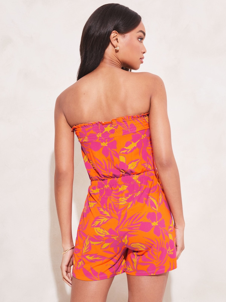 Lipsy Orange/Pink Tropical Floral Print Jersey Bandeau Waist Tie Summer Playsuit - Image 2 of 4 Lipsy Orange/Pink Tropical Floral Print Jersey Bandeau Waist Tie Summer Playsuit - Image 2 of 4