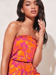 Lipsy Orange/Pink Tropical Floral Print Jersey Bandeau Waist Tie Summer Playsuit - Image 4 of 4