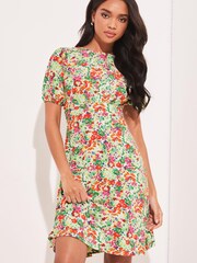 Lipsy Green Ditsy Jersey Underbust PUff Sleeve Summer Mini Dress - Image 1 of 4