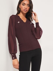 Lipsy Berry Red Chiffon Sleeve V Neck Knitted Jumper - Image 1 of 4