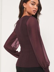 Lipsy Berry Red Chiffon Sleeve V Neck Knitted Jumper - Image 2 of 4