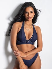 Pour Moi Blue Adelaide Denim Underwired Lace Up Bikini Top - Image 2 of 5