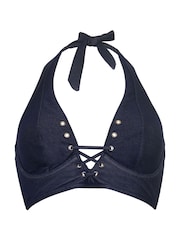 Pour Moi Blue Adelaide Denim Underwired Lace Up Bikini Top - Image 4 of 5