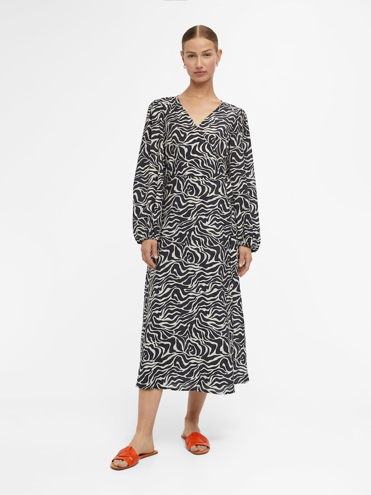 OBJECT Black Abstract Print Long Sleeve Wrap Midi Dress - Image 2 of 5