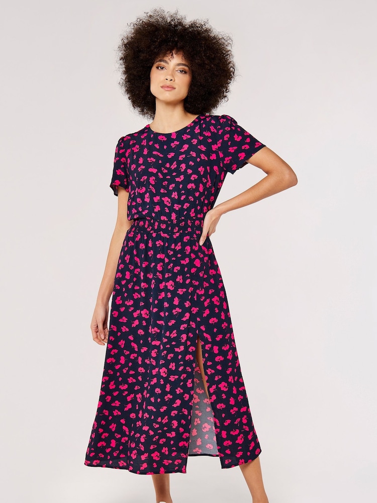 Buy Apricot Navy Blue Pink Abstract Floral Split Midi Dress from