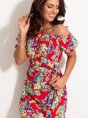 Pour Moi Red Woven Puff Sleeve Belted Bardot Dress - Image 2 of 5