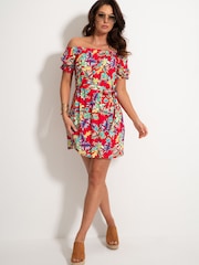 Pour Moi Red Woven Puff Sleeve Belted Bardot Dress - Image 3 of 5