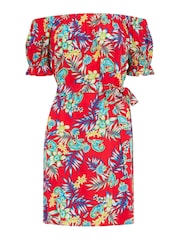 Pour Moi Red Woven Puff Sleeve Belted Bardot Dress - Image 4 of 5